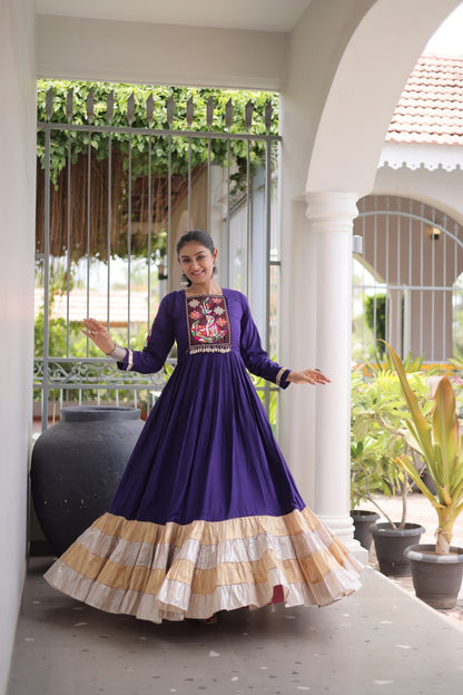 RangBhoomi Navratri Gown Collection 2026 — 14KG Rayon Kutchi Gamthi Thread Work, 12m Flair