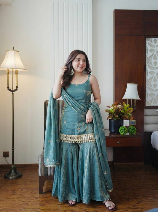 Women's Elegant Ethnic Ensemble with Embroidered Mirror Work - Ready to Wear