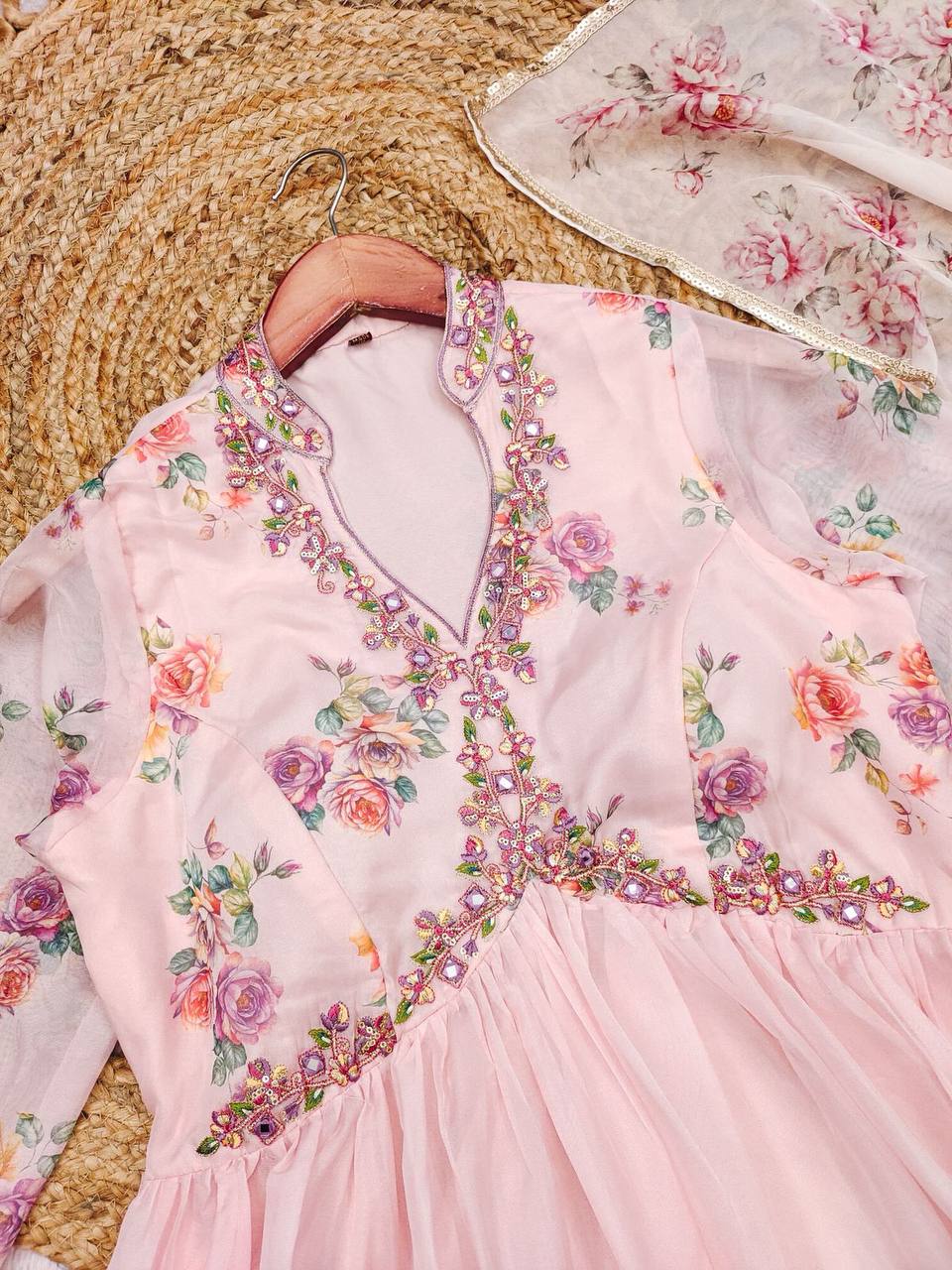 Baby Pink Tebby Silk Heavy Gown with Digital Print and Dupatta