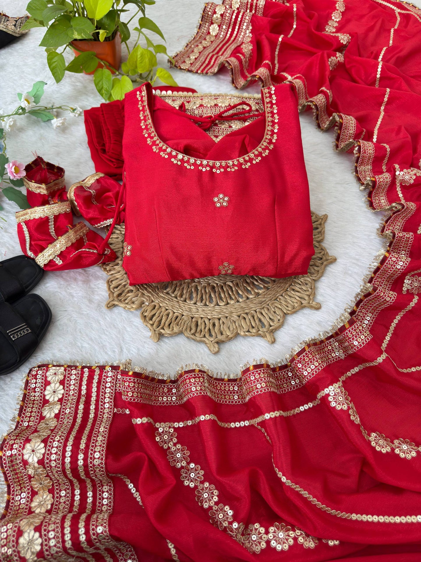 RangBhoomi Premium Chinon Silk Anarkali Gown Set with Heavy Embroidery, 3mm Sequin Sleeve Lace, Crepe Pants, and Sequined Lace Dupatta