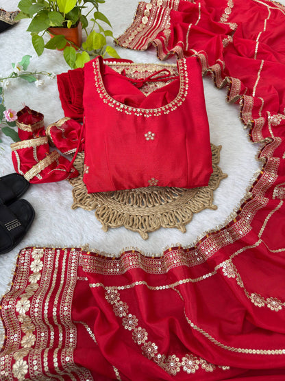 RangBhoomi Premium Chinon Silk Anarkali Gown Set with Heavy Embroidery, 3mm Sequin Sleeve Lace, Crepe Pants, and Sequined Lace Dupatta