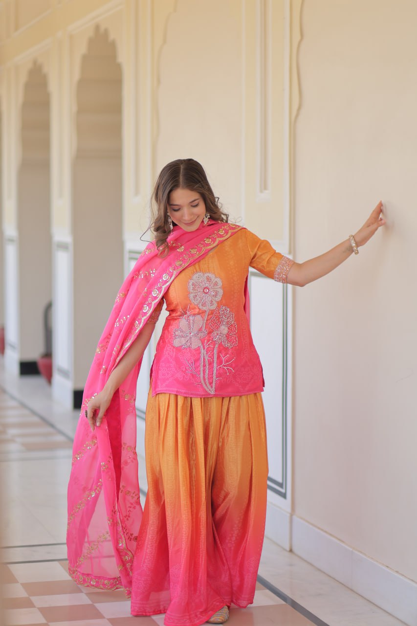 Stylish Sharara Suit with zari and sequins embroidered dupatta