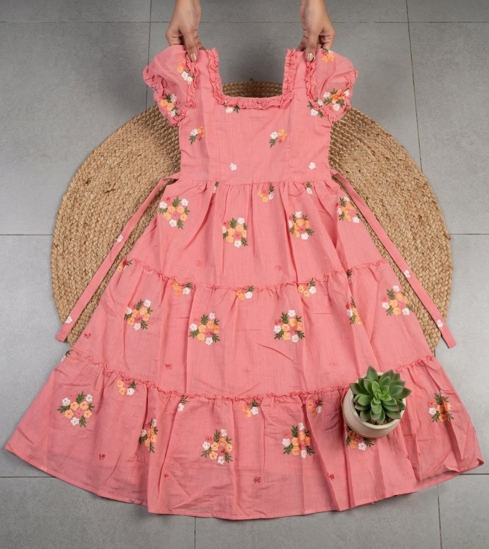 RangBhoomi Onion Pink Chanderi Cotton Maxi Frock with Embroidery and Belt