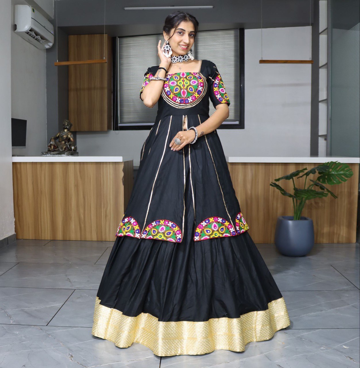 Ethnic Women's Pure Rayon Cotton Lehenga Set with Traditional Mirror and Applique Work