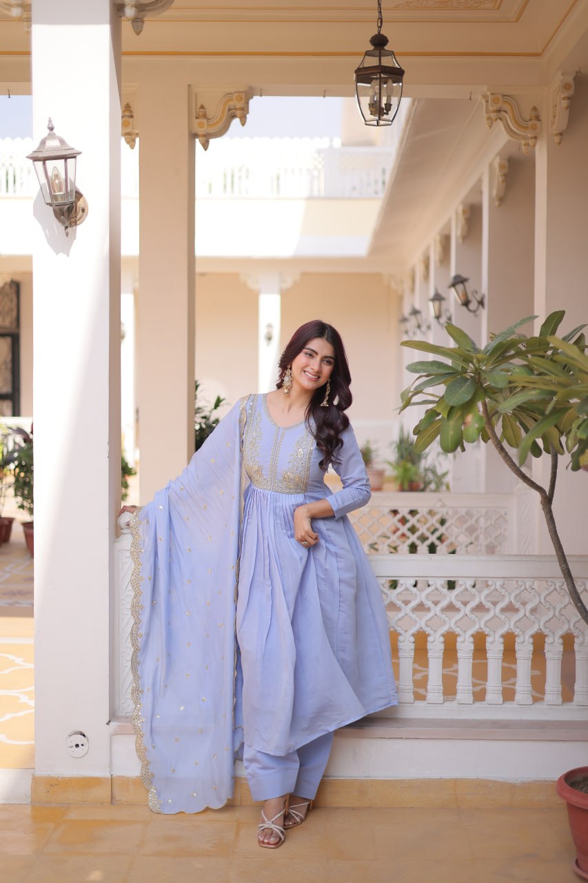 Premium Ready-to-Wear Mal Mal Chanderi Gown Set with Roman Silk Pants and Embroidered Dupatta