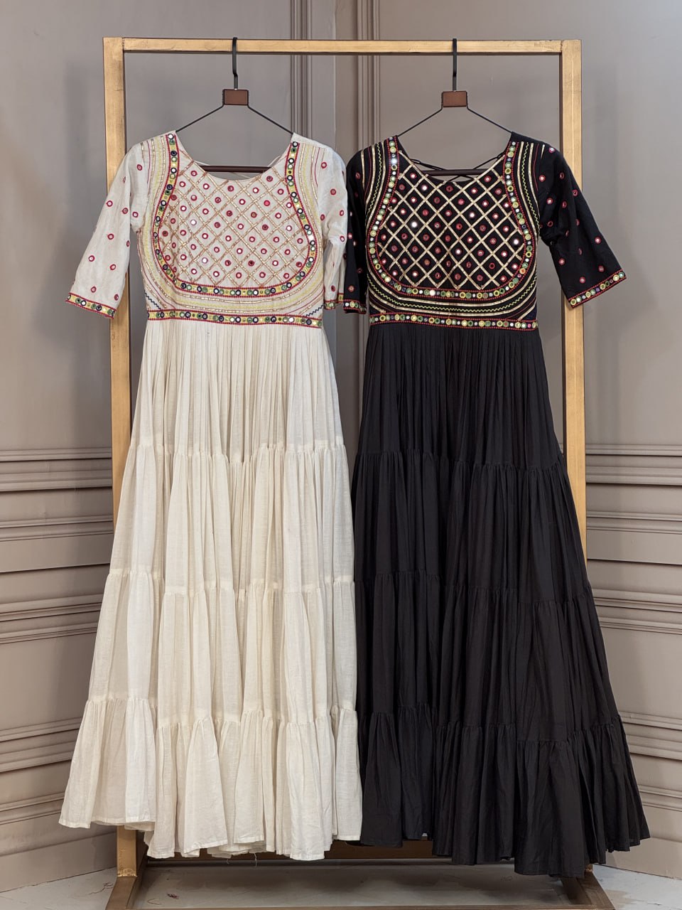RangBhoomi Navratri Gown Collection 2026 - Off-White & Black Kora Cotton Embroidered Gown