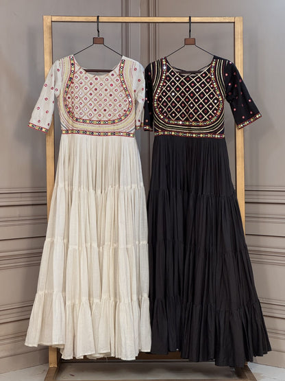 RangBhoomi Navratri Gown Collection 2026 - Off-White & Black Kora Cotton Embroidered Gown