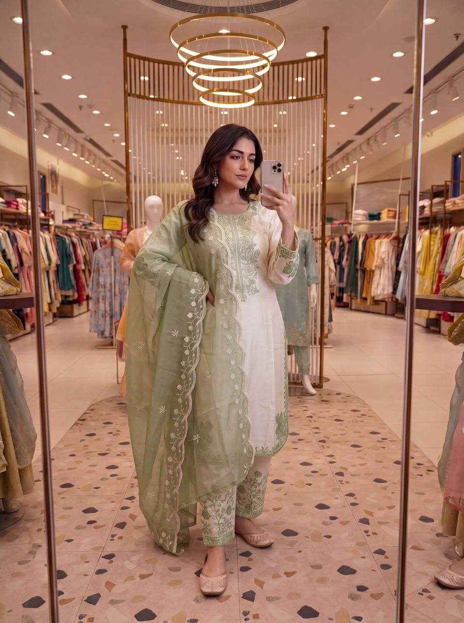 Elegant Party Wear Set Featuring Premium Roman Glass Embroidered Top with Fancy Bell Sleeves and Stylish Palazzo Pants with Dupatta
