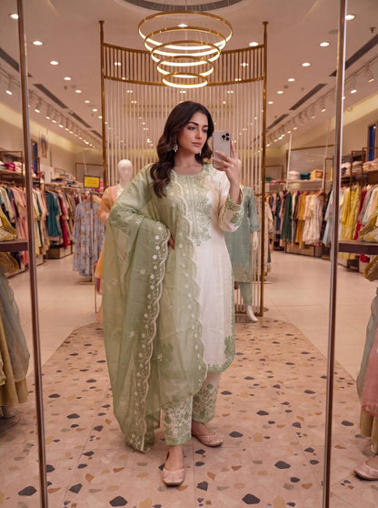 Elegant Party Wear Set Featuring Premium Roman Glass Embroidered Top with Fancy Bell Sleeves and Stylish Palazzo Pants with Dupatta