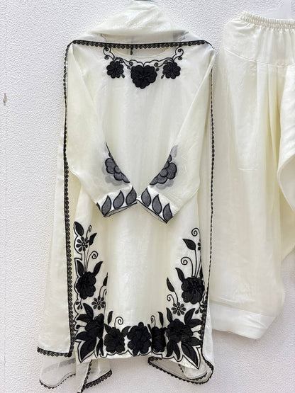 Elegant Women’s Ethnic Silk Ensemble with Embroidered Detailing and Ready-to-Wear Stitching
