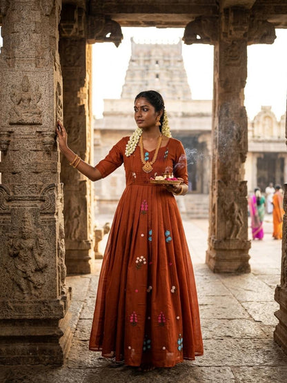 Embroidered Mull Cotton Festival Gown – Elegant Fully Stitched Celebration Wear