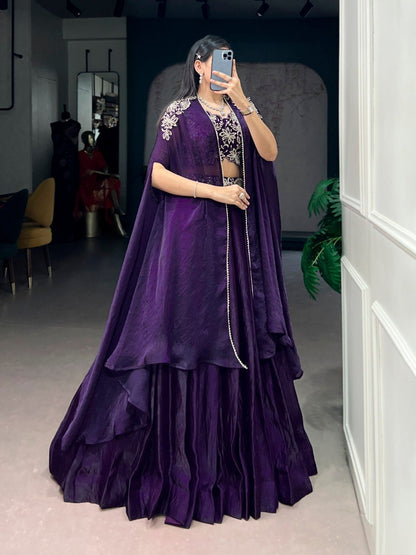 Elegant Cape-Style Lehenga Set in Fendi Silk with Beaded and Embroidered Details