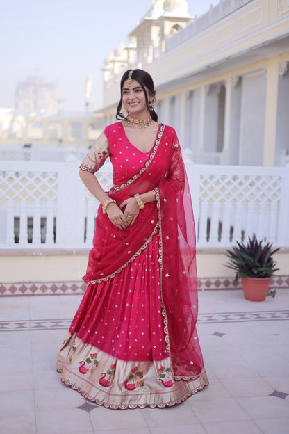Elegant Three-Piece Traditional Lehenga Choli Set with Dupatta in Pink and Wine