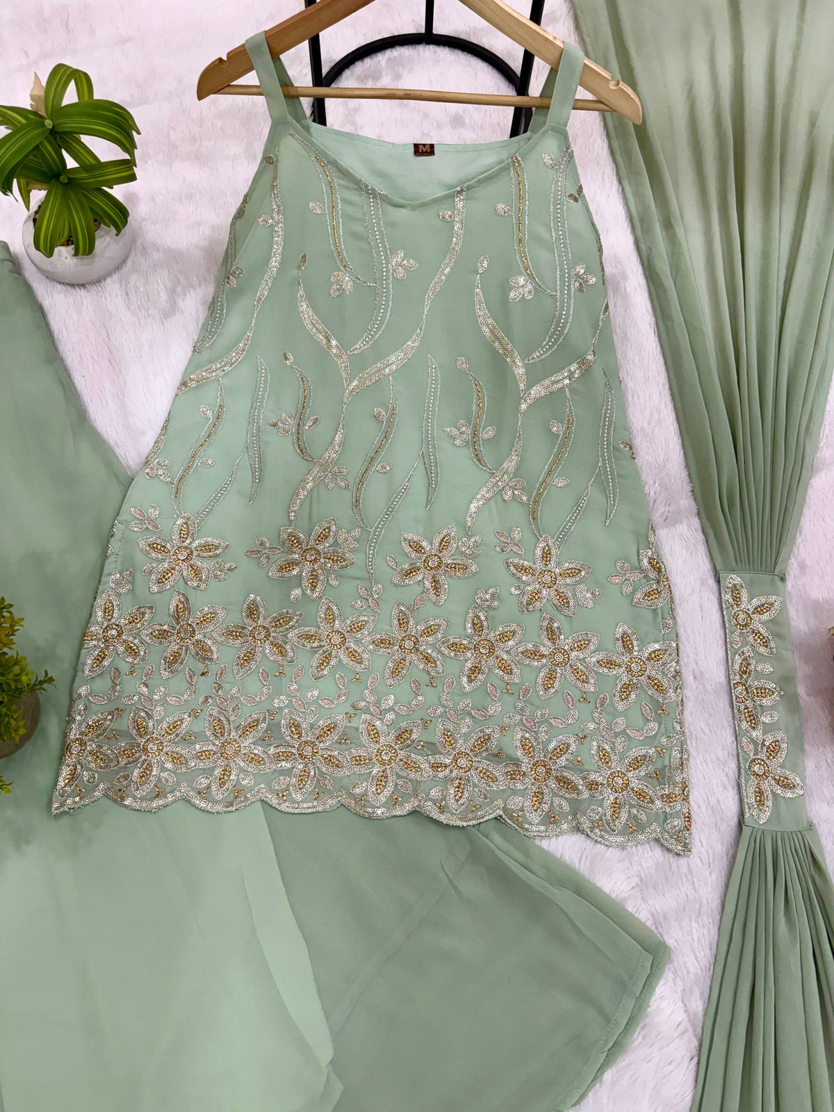 RangBhoomi Heavy Embroidered 3-Piece Suit Set with Fancy Lace (Faux Georgette)