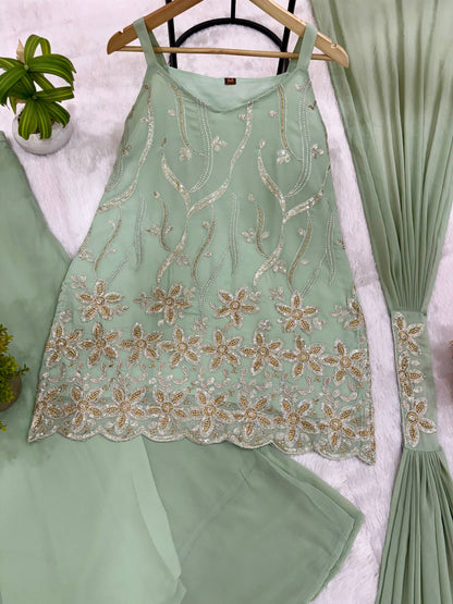 RangBhoomi Heavy Embroidered 3-Piece Suit Set with Fancy Lace (Faux Georgette)