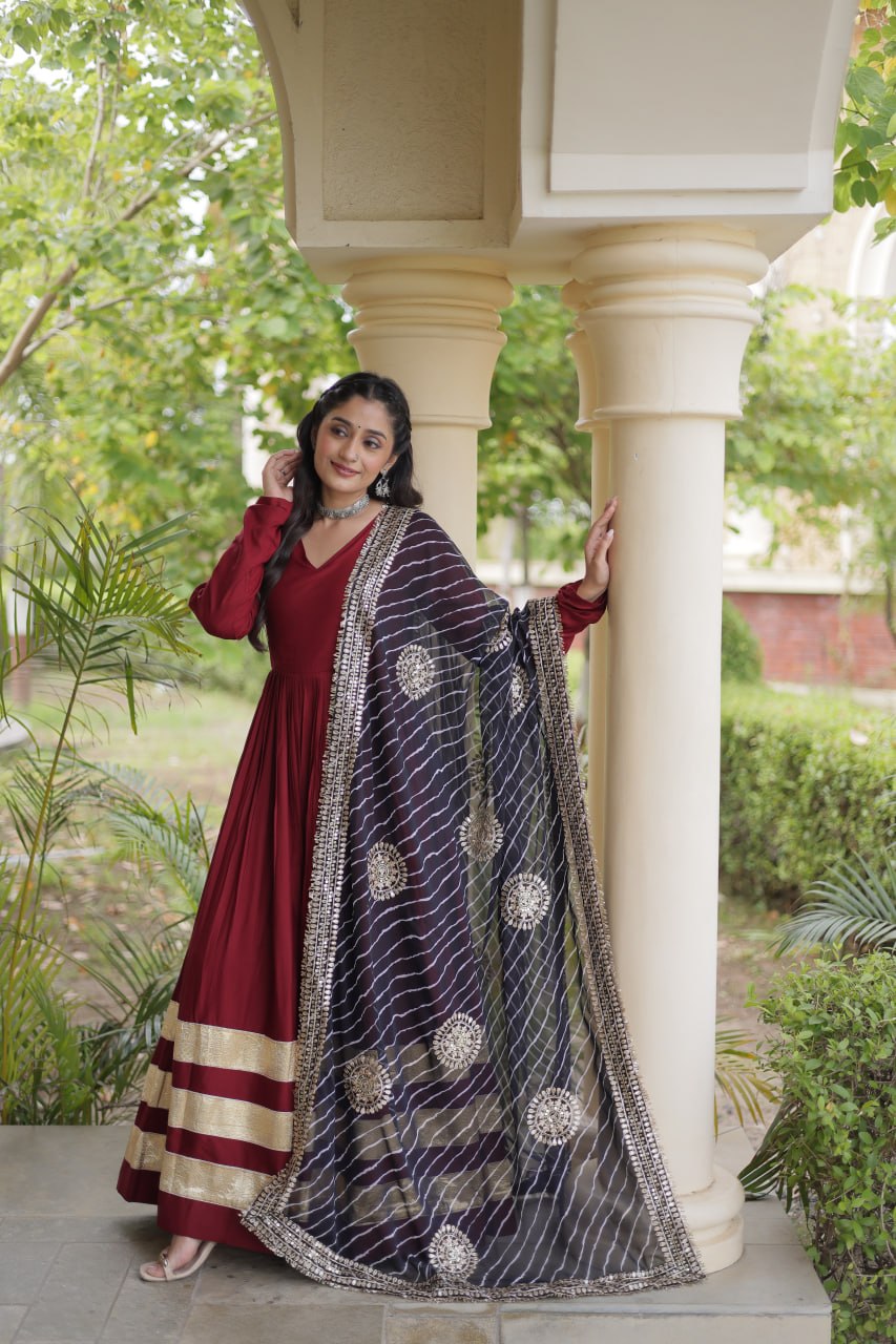 RangBhoomi Navratri Gown & Dupatta Collection 2026 – Full-Sleeve V-Neck Reyon Gown with Georgette Dupatta