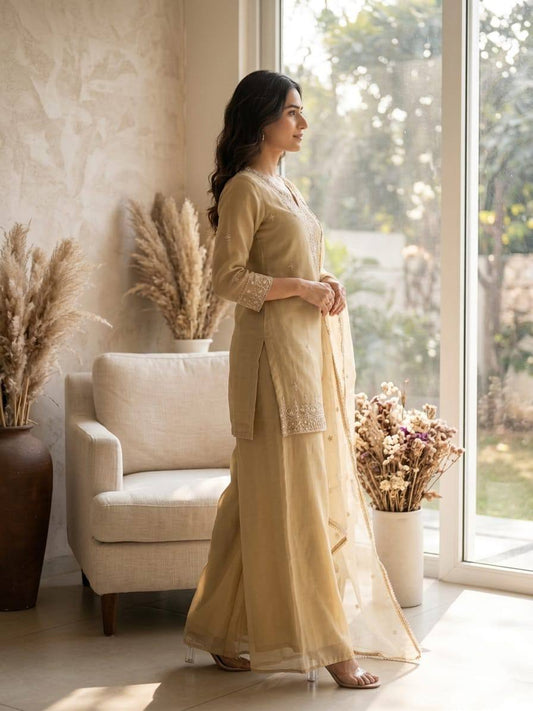 Designer Fusion Style Luxury Edition Women's Ethnic Set with Sequined Cosmos Fabric and Organza Lace Dupatta