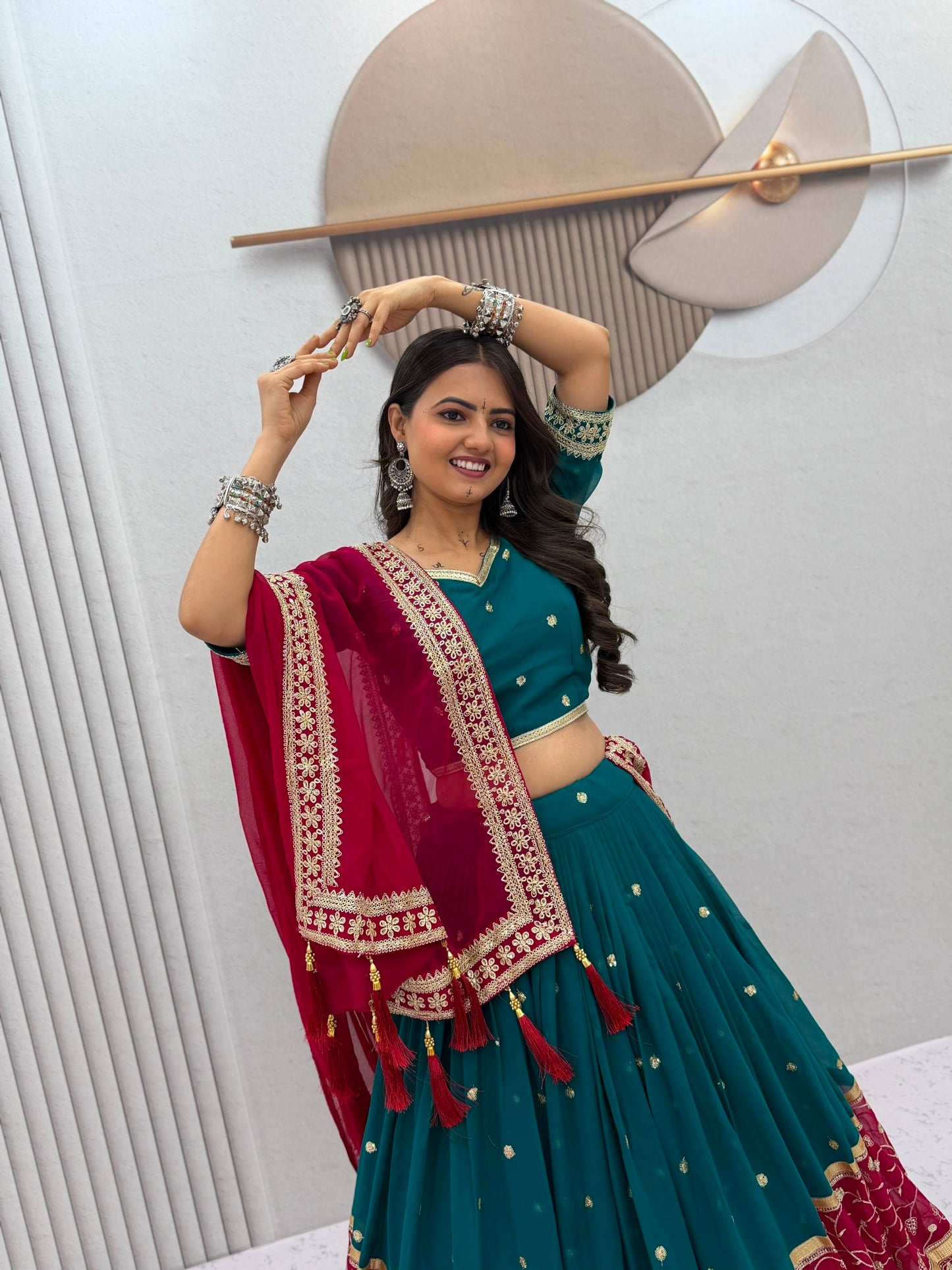 RangBhoomi Tapi Creation Vintage Navratri Lehenga Choli - 6m Flair, Fox Georgette