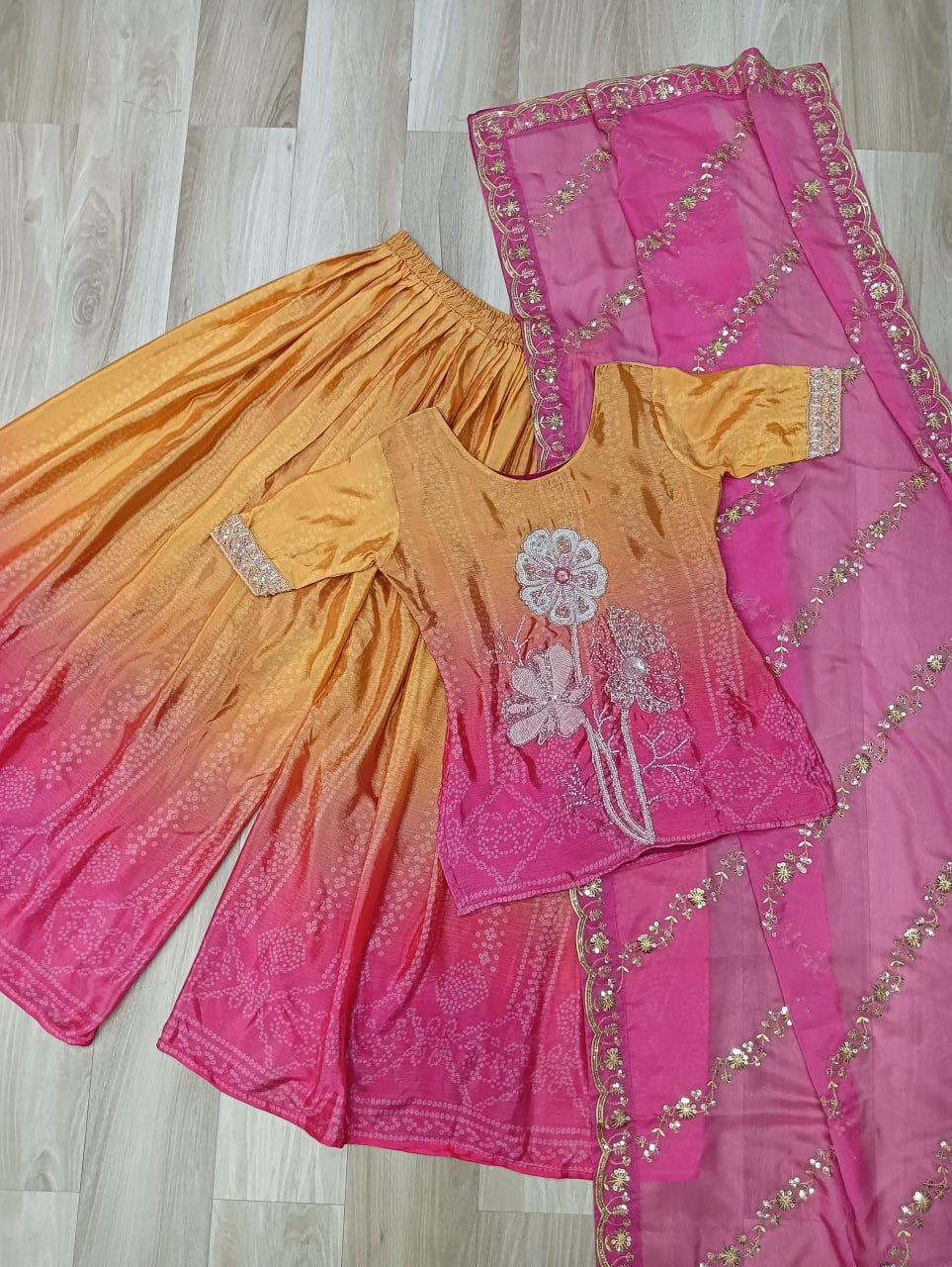 Peach and Pink Sharara Suit with Zari Embroidered Dupatta