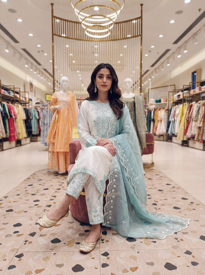 Elegant Party Wear Set Featuring Premium Roman Glass Embroidered Top with Fancy Bell Sleeves and Stylish Palazzo Pants with Dupatta