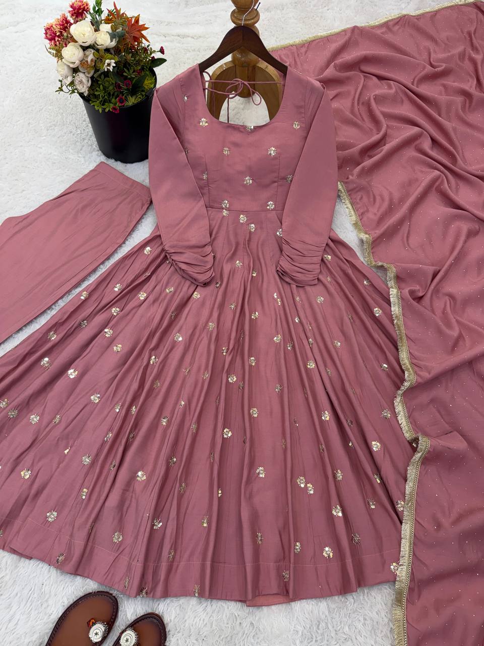 Elegant Ready-to-Wear Designer Gown and Dupatta Set in Roman Silk with Exquisite Embroidery