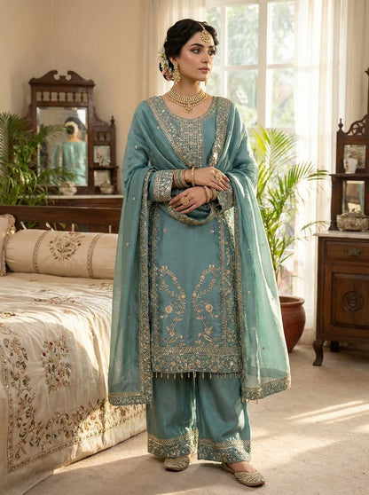 Elegant Designer Ready-to-Wear GMY Silk Three-Piece Set with Heavy Embroidery, Sequins, and Lace Border – Fully Stitched Top, Palazzo, and Dupatta