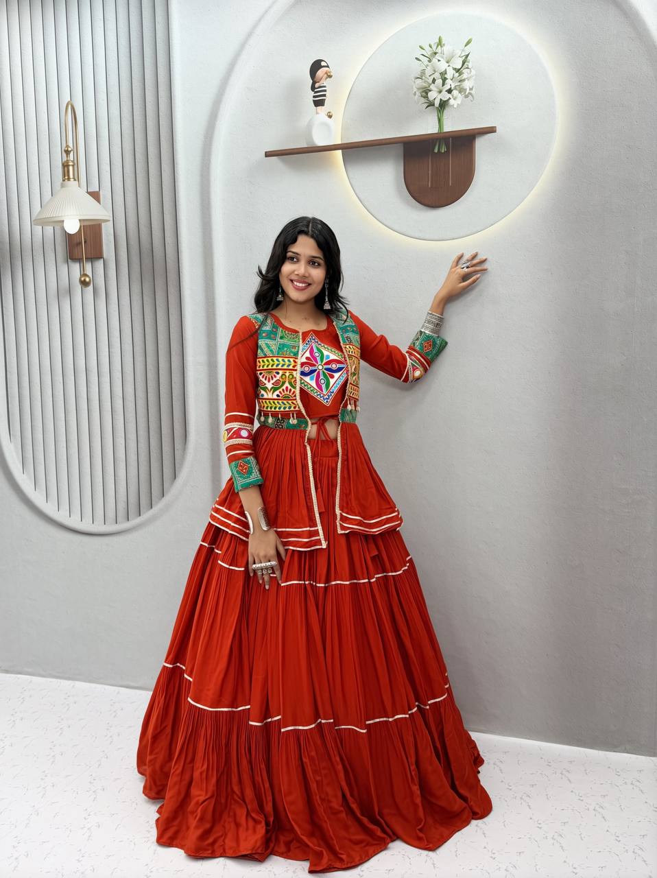 RangBhoomi Navratri Special Gamathi Work 9m Flair Pure Cotton Lehenga Choli - Fully Stitched