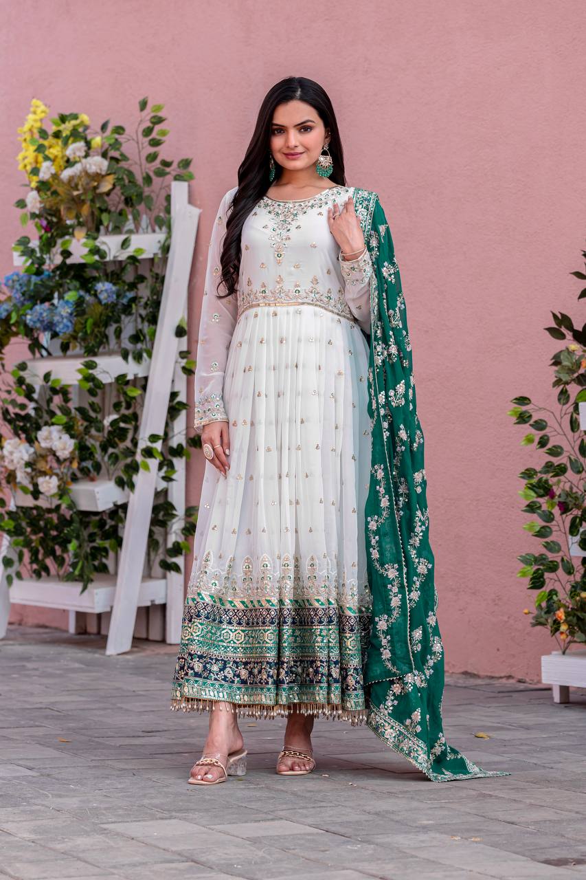 Elegant Party Wear Heavy Faux Georgette Gown with Embroidered Dupatta and Bottom Set