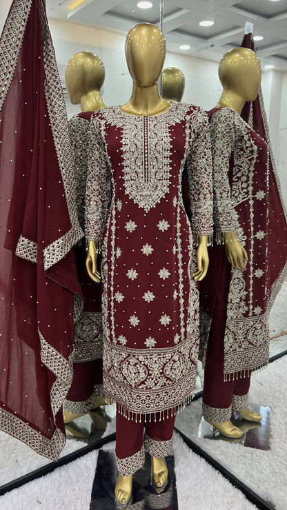 New Collection Faux Georgette Ensemble with Intricate Heavy Embroidery, Sequin Detailing, and Fully Stitched Ready-to-Wear Top, Bottom, and Dupatta Set