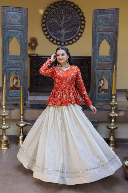 RangBhoomi Elegant Silk Embroidered Crop Top Set with Flared Lehenga and Sequined Detailing