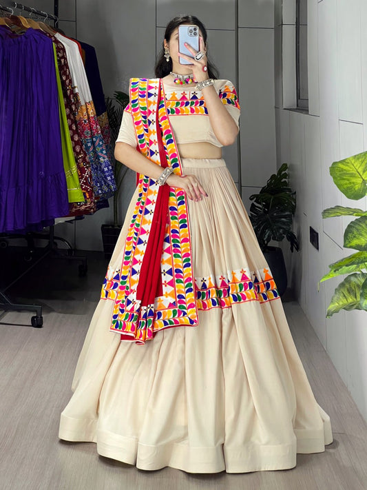 Exotic Vanilla-Toned Chaniya Choli with Multicolor Traditional Gamthi and Kutchchi Work