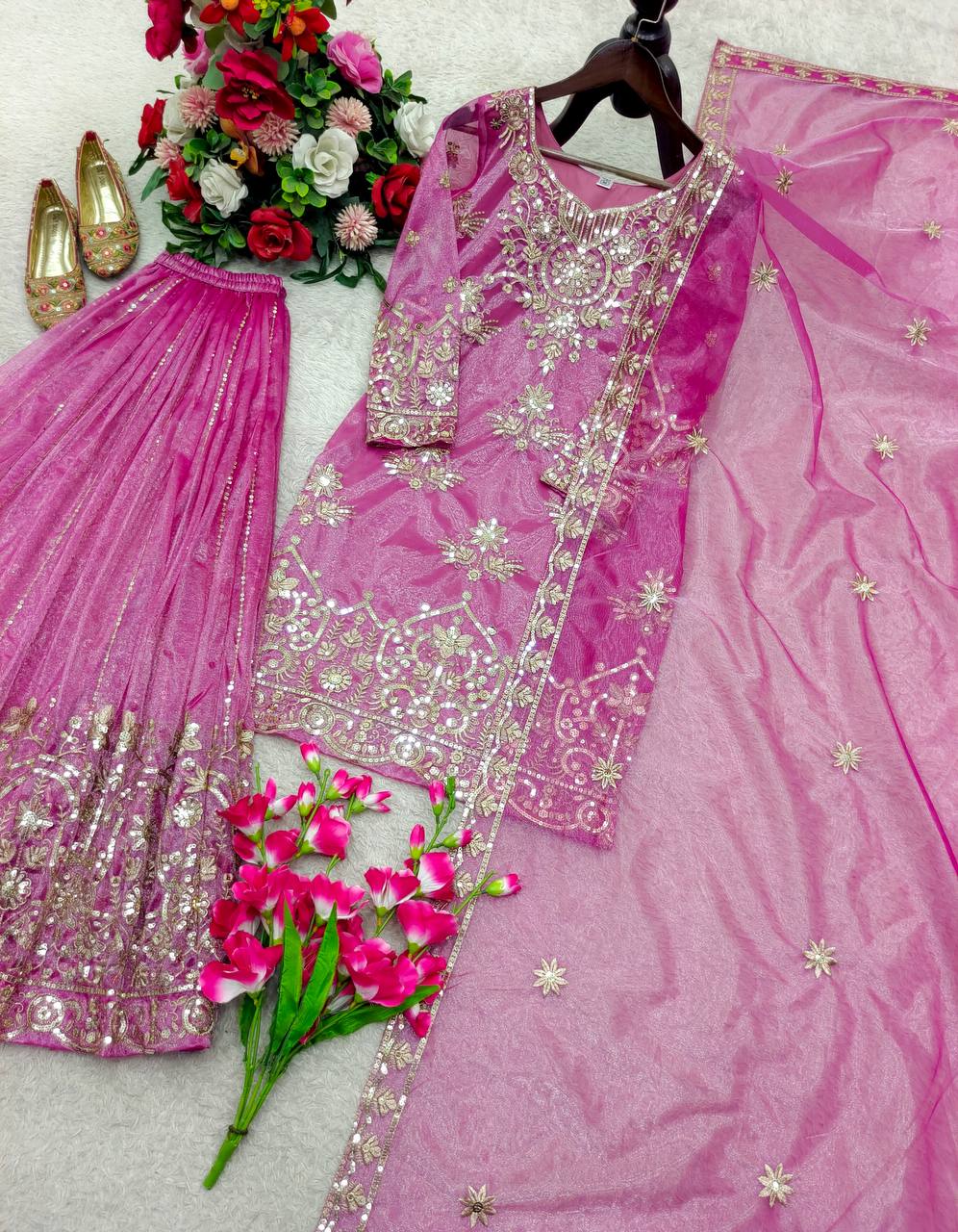 RangBhoomi Orgenza Twine Net Top, Sharara & Dupatta Set — Embroidered Ready-to-Wear