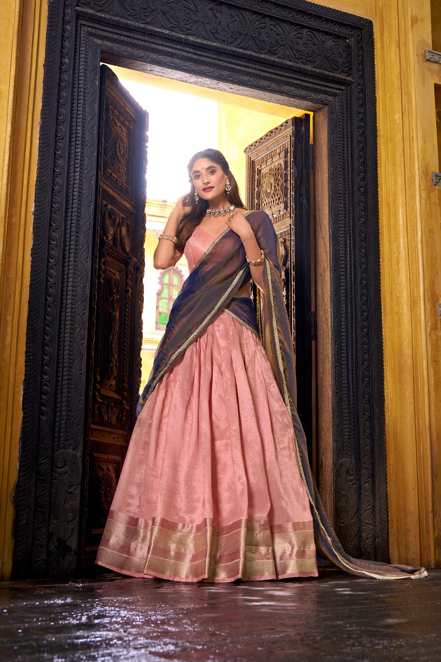 RangBhoomi Luxury Dupion Silk Lehenga Set with Zari Weaving and Shimmering Lace Dupatta