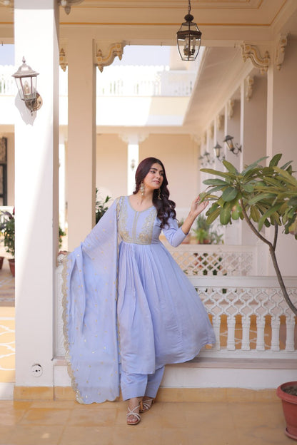 Premium Ready-to-Wear Mal Mal Chanderi Gown Set with Roman Silk Pants and Embroidered Dupatta