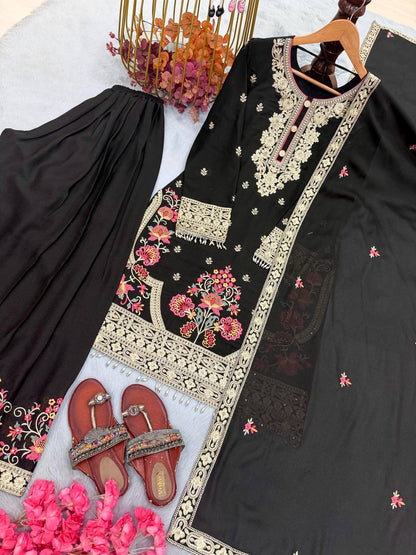 RangBhoomi Heavy Star Georgette Embroidered Party Top, Plazzo & Dupatta Set