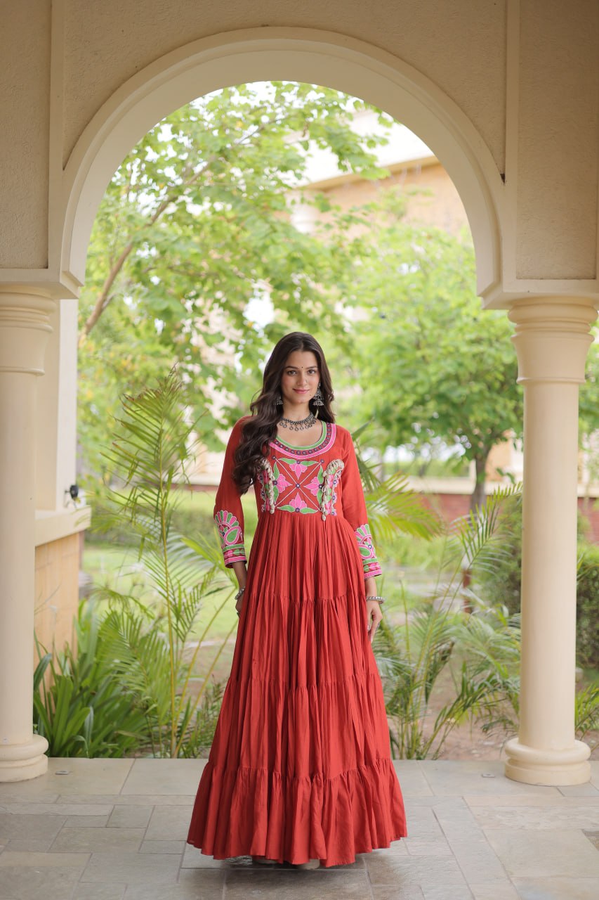 RangBhoomi Navratri Embroidered Kora Cotton Gown - Full Sleeve 54" Length (Rust, Purple)