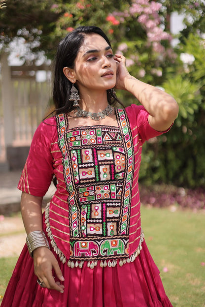 RangBhoomi Navratri 2026 Kora Cotton Full-Stitched Lehenga & Blouse Set — L (40", Adjustable 38–44)