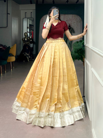 RangBhoomi Onam Pavada Set — Kanchipuram Lehenga with Satin Silk Blouse