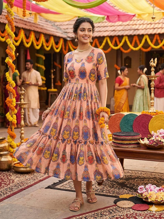 Elegant Summer Special Fully Stitched Kalamkari Midi Gown for Festive Glamour and Sophistication