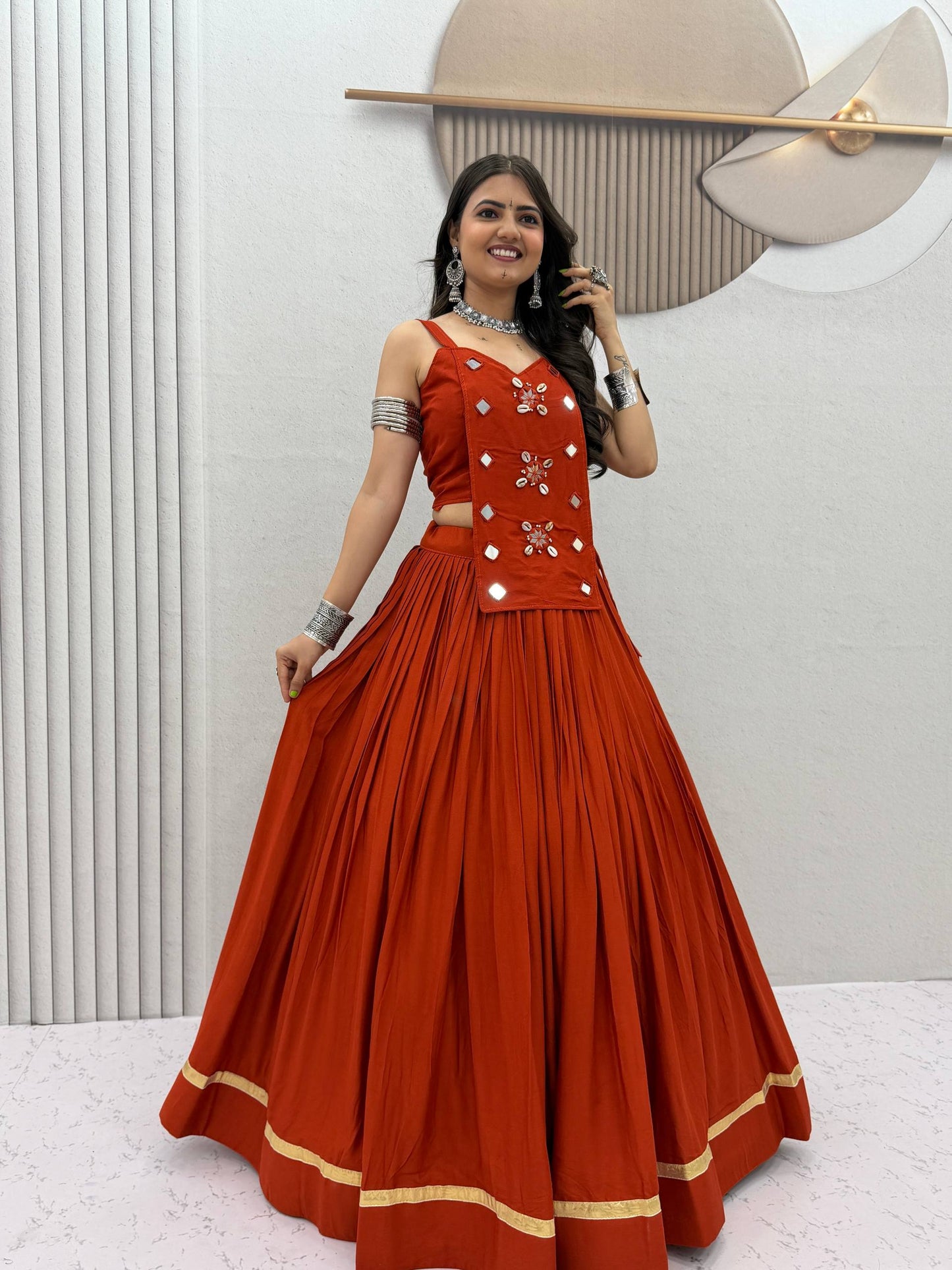 RangBhoomi Navratri Special Big Flair Lehenga Choli - Pure Cotton Handwork Mirror Embellished