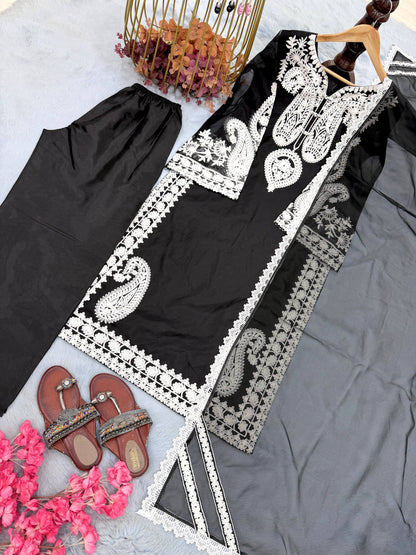 Elegant Designer Party Wear Set with Pure Soft Nylon Organza Silk Top, Palazzo Pants & Dupatta