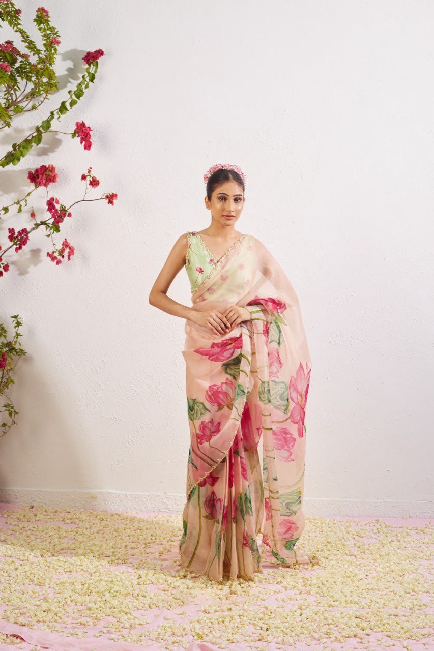 Ready to Wear Organza Saree - Floral Print, Lightweight