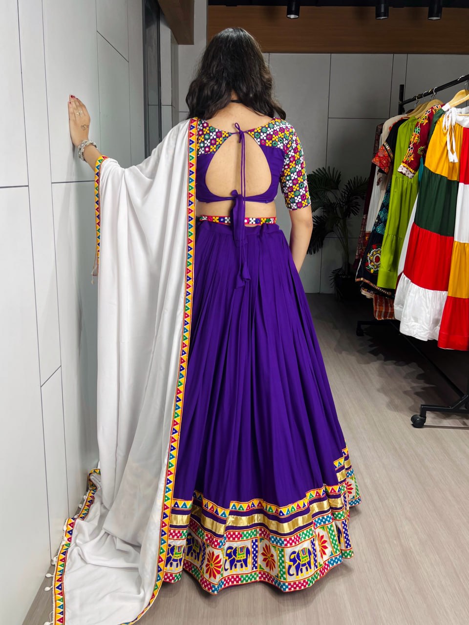 RangBhoomi Traditional Gamthi Mirror Work Lehenga Choli – 6m Grand Flair with White Dupatta