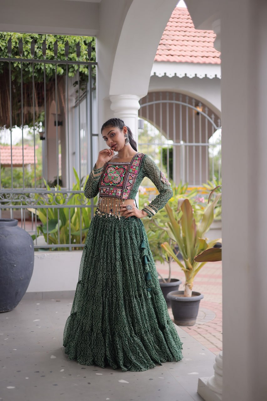 RangBhoomi Bandhni Faux Georgette Full-Stitched Lehenga Set with Designer Square Neck Blouse