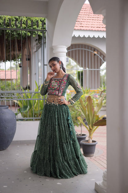 RangBhoomi Bandhni Faux Georgette Full-Stitched Lehenga Set with Designer Square Neck Blouse