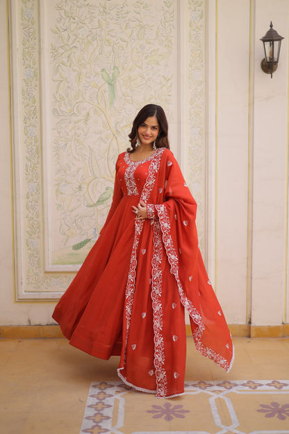 Elegant Mal Chanderi Gown and Dupatta Set with Bead Embroidery and Designer Cutwork Lace Border
