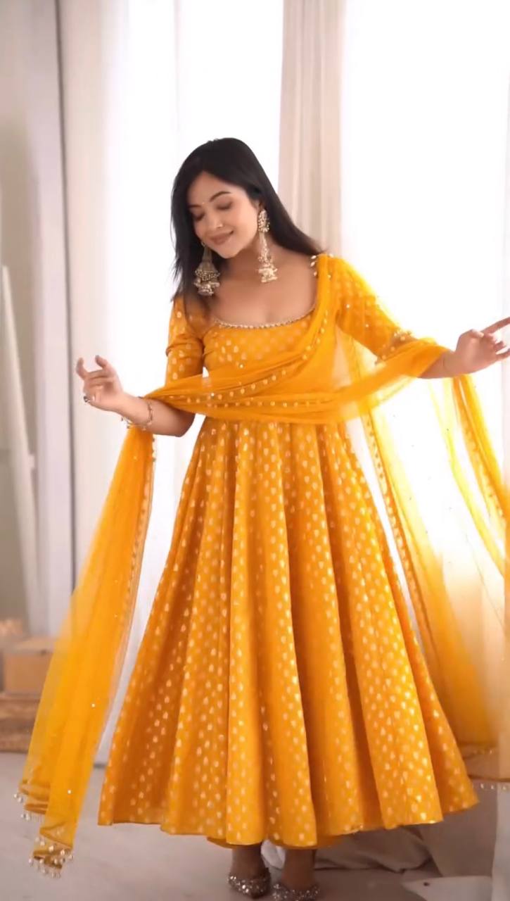 RangBhoomi Exclusive New Designer Chanderi Jacquard Butti Embroidered Gown and Dupatta Set – Fully Stitched, Ready to Wear