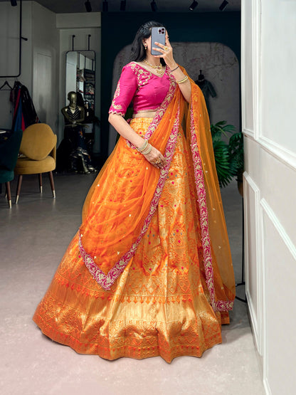 RangBhoomi Jacquard Silk Lehenga — Festive Embroidered Set with Net Dupatta