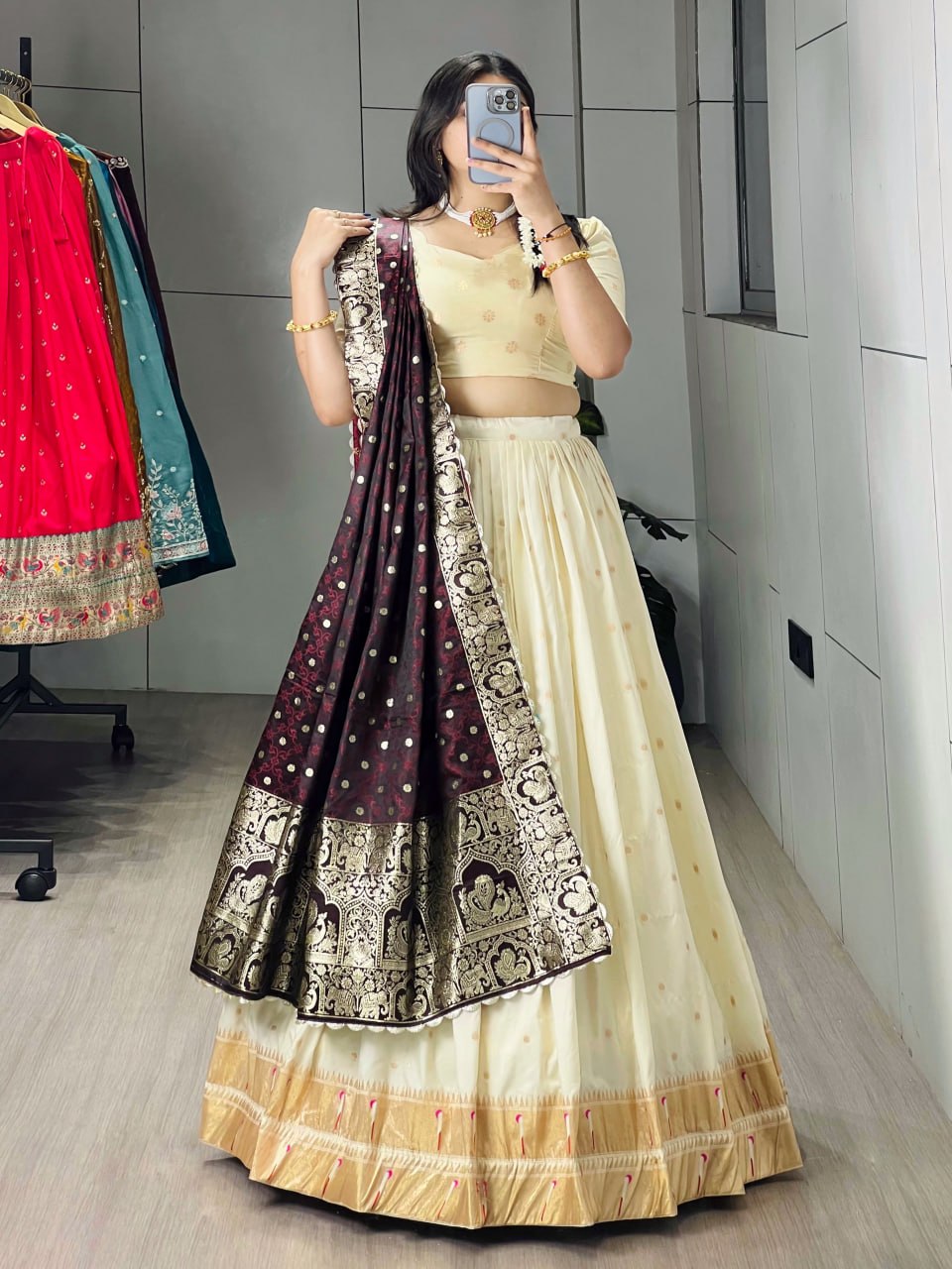 Exquisite Paithani Silk Lehenga Choli with Iconic Gold Zari Border and Satin Silk Dupatta