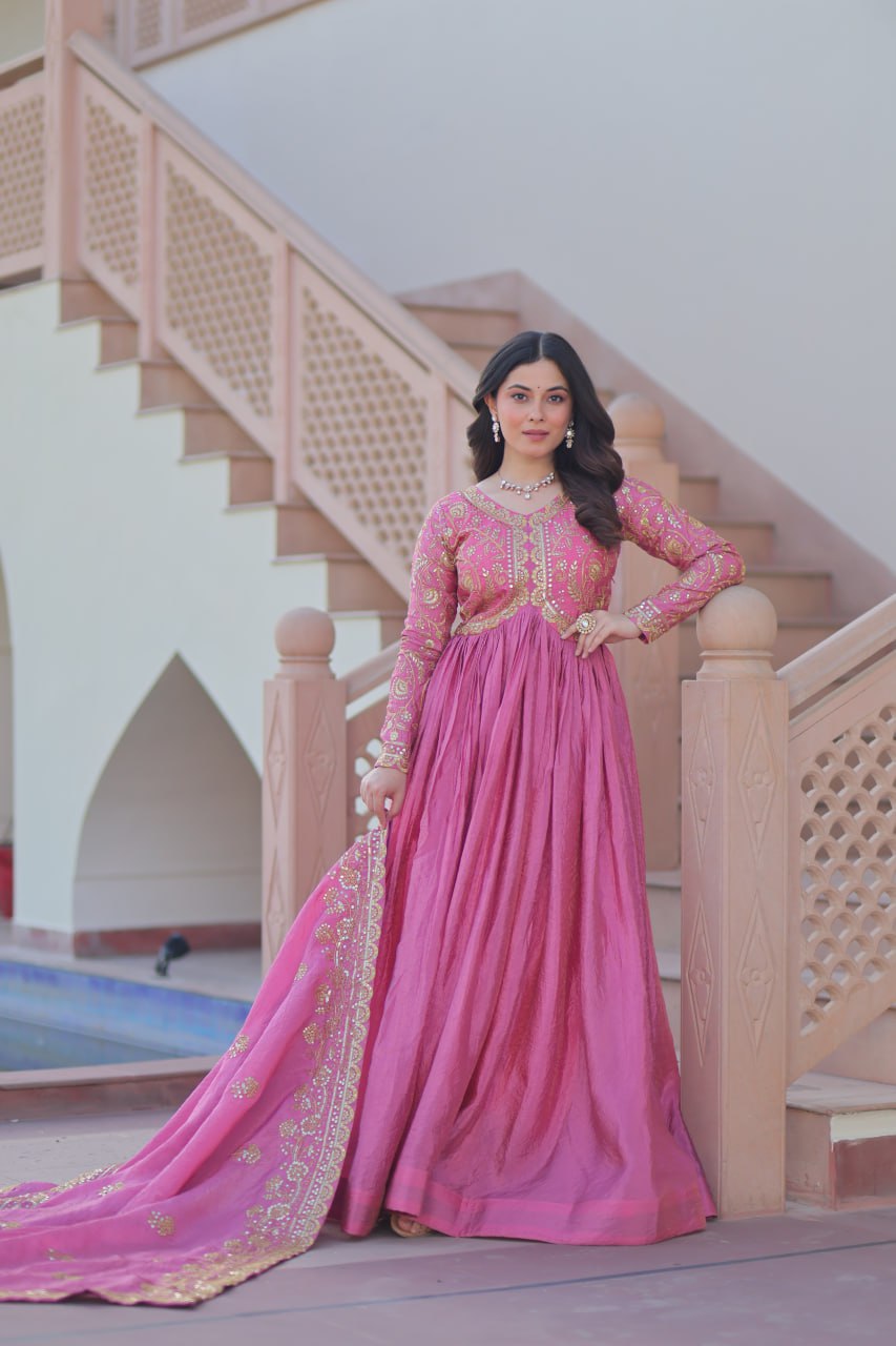 Trending Gold Gown: Crush Fabric, Embroidered Dupatta